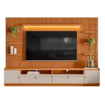 Rack com Painel Ripado 2 Modulo Lateral Ouro Preto Nature Off White Linea