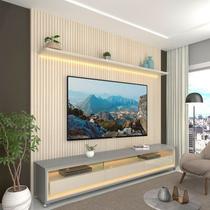 Rack com Painel Ripado Impresso TV até 90 Polegadas LED 100% MDF 224x250cm Pés em Madeira Maciça Rack com Painel Ripado Impresso TV até 90 Polegadas LED 100% MDF 224x250cm Pés em Madeira Maciça