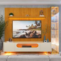 Rack com Painel Ripado para Tv 84 Polegadas 100% Mdf com Led Pés em Madeira Maciça Nobre Clean/luminare