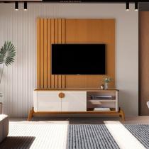 Rack com Painel Ripado para TV até 58 Polegadas MDF 154cmx136cm Pés em Madeira Maciça 58 Polegaas Buriti