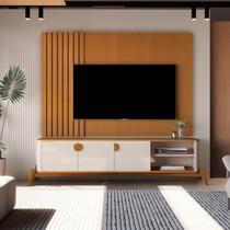 Rack com Painel Ripado para TV até 70 Polegadas MDF 195cmx136cm Pés em Madeira Maciça 70 Polegaas Buriti