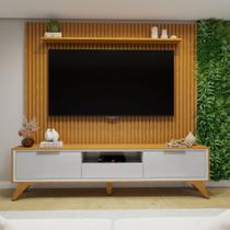 Rack com Painel Ripado para TV até 75 Polegadas 100% MDF 220cmx308,3cm Pés em Madeira Maciça Laqueado Paris