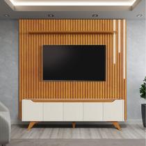 Rack com Painel Ripado para TV até 75 Polegadas com LED MDF 227,6cmx217cm Pés em Madeira Maciça Led Grécia Paris