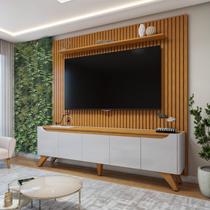 Rack com Painel Ripado para TV até 75 Polegadas com LED MDF 228cmx310,5cm Pés em Madeira Maciça Sem Grécia Paris