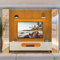 Rack com Painel Ripado para TV até 84 Polegadas com LED 100% MDF 304,8cmx237cm Pés em Madeira Maciça Nobre Clean Luminare Rack com Painel Ripado para TV até 84 Polegadas com LED 100% MDF 304,8cmx237cm Pés em Madeira Maciça Nobre Clean Luminare