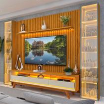 Rack com Painel Ripado para TV até 85 Polegadas com LED 100% MDF 304,8cmx237cm Pés em Madeira Maciça Mad Esp Nobre Clean Requinte Luminare