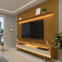 Rack com Painel Ripado para TV até 85 Polegadas com LED e Vidro 3 Gavetas com Pés de Madeira Nobre Requinte Gelius