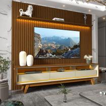 Rack Com Painel Ripado Para TV Até 85 Polegadas Com Led Nobre 230 Kit Pé Castanho - Gelius Móveis Rack Com Painel Ripado Para TV Até 85 Polegadas Com Led Nobre 230 Kit Pé Castanho - Gelius Móveis