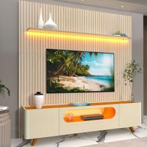 Rack com Painel Ripado para TV até 90 Polegadas com LED 100% MDF 224cmx310,5cm Pés em Madeira Maciça 1 Gaveta 2 Portas Requinte Nobre