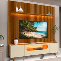 Rack com Painel Ripado para TV até 90 Polegadas com LED 100% MDF 224cmx310,5cm Pés em Madeira Maciça Impresso Requinte Nobre