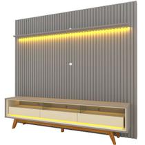 Rack com Painel Ripado para TV até 90 Polegadas com LED 100% MDF 228,8cmx308cm Pés em Madeira Maciça 3 Gavetas Nobre