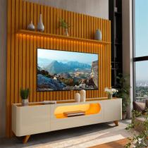 Rack com Painel Ripado para TV até 90 Polegadas com LED 100% MDF 228,8cmx310cm Pés em Madeira Maciça 1 Gaveta 2 Portas 1 Prateleira Nobre