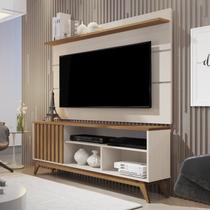 Rack com Painel Ripado Retrô para TV até 60 Polegadas MDF 136cmx133cm Pés em Madeira Maciça Malbec Bege Off White/Freijó