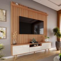 Rack com Painel Sevilla - MDP Efeito Ripado 3D Jequitibá/Off White - Lukaliam Móveis