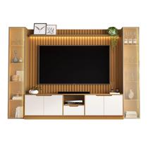 Rack com Painel Tucuma Ripado 2.3 com Prateleira 2 Torres e Led 6 Portas 1 Gaveta Jb Bechara Cor Nature Off White Rack com Painel Tucuma Ripado 2.3 com Prateleira 2 Torres e Led 6 Portas 1 Gaveta Jb Bechara Cor Nature Off White
