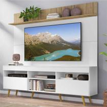 Rack com Painel TV 65" Madri Multimóveis Branco/Rustic com Prateleira e Pés Retrô Natural