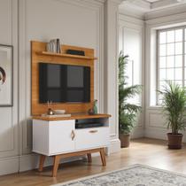 Rack Com Painel TV 90cm Sirius Branco Cinamomo Retrô MDP Nicho e Pés de Madeira Rack Com Painel TV 90cm Sirius Branco Cinamomo Retrô MDP Nicho e Pés de Madeira