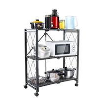Rack de Aco Dobravel para Cozinha c 3 Prateleiras e Rodas Preta Rack de Aco Dobravel para Cozinha c 3 Prateleiras e Rodas Preta