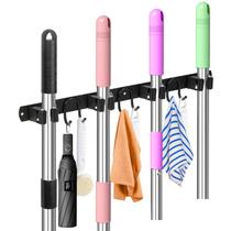 Rack de armazenamento GUUKAR Mop Broom Holder em aço inoxidável 4 slots e 6 ganchos Rack de armazenamento GUUKAR Mop Broom Holder em aço inoxidável 4 slots e 6 ganchos