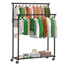 Rack de roupas Ekisemio de 114 cm com haste dupla com rodas, preto