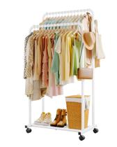 Rack de roupas Sakugi Double Rods com prateleira de malha e rodas brancas Rack de roupas Sakugi Double Rods com prateleira de malha e rodas brancas