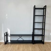 Rack de TV de Madeira Pinus com Estante 6 Prateleiras Linea Slim Preto Rack de TV de Madeira Pinus com Estante 6 Prateleiras Linea Slim Preto