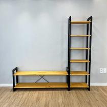 Rack de TV de Madeira Pinus com Estante 6 Prateleiras Slim Linea Nozes e Preto Rack de TV de Madeira Pinus com Estante 6 Prateleiras Slim Linea Nozes e Preto