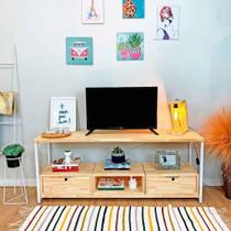 Rack de TV Industrial de Ferro e Madeira Style Square 2 Nichos de Gaveta e 1 Nicho Natural e Branco