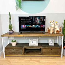 Rack de TV Industrial de Ferro e Madeira Style Square 2 Nichos de Gaveta e 1 Nicho Tabaco e Branco