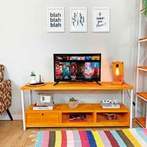 Rack de TV Industrial de Ferro e Madeira Style Square 2 Nichos e 1 Nicho Gaveta Carvalho e Branco