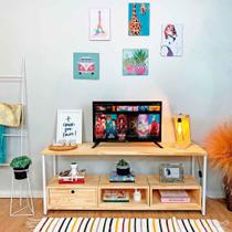 Rack de TV Industrial de Ferro e Madeira Style Square 2 Nichos e 1 Nicho Gaveta Natural e Branco