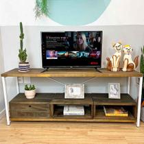 Rack de TV Industrial de Ferro e Madeira Style Square 2 Nichos e 1 Nicho Gaveta Tabaco e Branco