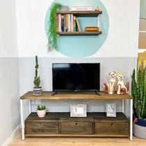 Rack de TV Industrial de Ferro e Madeira Style Square 3 Nichos Uno com Gaveta Tabaco e Branco