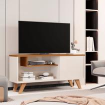 Rack De Tv Pra Sala Moderno Com Prateleiras Heitor Pra até 50 Polegadas - Cor:Off White Com Nature - Lojas G2