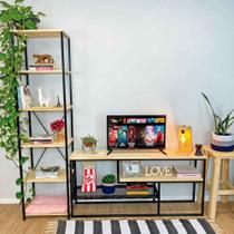 Rack de TV Style Industrial com Estante Style de Ferro e Madeira Slim 6 Prateleiras Natural e Preto Rack de TV Style Industrial com Estante Style de Ferro e Madeira Slim 6 Prateleiras Natural e Preto