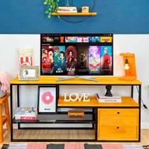 Rack de TV Style Industrial de Ferro e Madeira 1 Nicho Dual de Madeira com Gavetas Carvalho e Preto