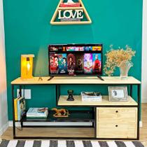 Rack de TV Style Industrial de Ferro e Madeira 1 Nicho Dual de Madeira com Gavetas Natural e Preto