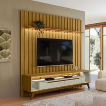 Rack Duo Pés Madeira e Painel Ripado com Led London 177cm Tv 70 Pol Olivar Móveis Rack Duo Pés Madeira e Painel Ripado com Led London 177cm Tv 70 Pol Olivar Móveis