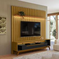 Rack Duo Pés Madeira e Painel Ripado com Led London 177cm TV 70 Polegadas - Olivar Móveis Rack Duo Pés Madeira e Painel Ripado com Led London 177cm TV 70 Polegadas - Olivar Móveis