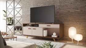 Rack ímpar para tv 65'' puxadores em couro e pés de madeira cor:avelã / off Rack ímpar para tv 65'' puxadores em couro e pés de madeira cor:avelã / off