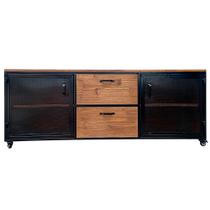 Rack Industrial com 2 Portas de Chapas, 2 Gavetas e 4 Rodízios Ferro Cor Preta e Madeira Maciça Cor Imbuia