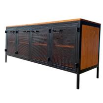 Rack Industrial com 4 Portas de Chapas Perfuradas Ferro Cor Preta e Madeira Maciça Cor Castanheira