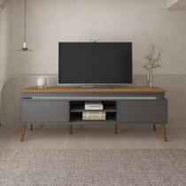 Rack Lumina Grafite/Carvalho para TVs de até 75 Polegadas Tampo com Bordas Invertidas e Fio de LED e Pés de Madeira - Artely Rack Lumina Grafite/Carvalho para TVs de até 75 Polegadas Tampo com Bordas Invertidas e Fio de LED e Pés de Madeira - Artely