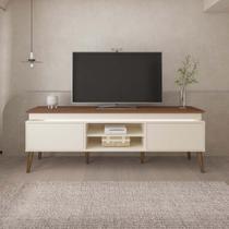 Rack Lumina Pinho/Off White para TVs de até 75 Polegadas Tampo com Bordas Invertidas e Fio de LED e Pés de Madeira - Artely Rack Lumina Pinho/Off White para TVs de até 75 Polegadas Tampo com Bordas Invertidas e Fio de LED e Pés de Madeira - Artely