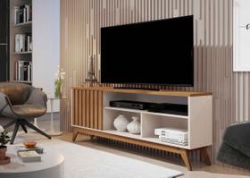 Rack Malbec Ripado 136cm 1 Porta para Tv até 60 Polegadas OffWhite com Freijó - Rede Móveis