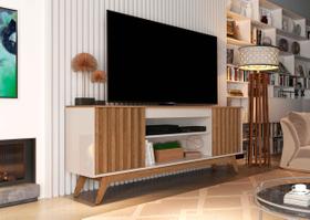 Rack Malibu Ripado 160cm 2 Portas para Tv até 65 Polegadas OffWhite com Freijó - Rede Móveis Rack Malibu Ripado 160cm 2 Portas para Tv até 65 Polegadas OffWhite com Freijó - Rede Móveis