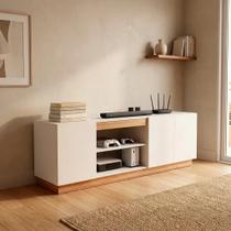 Rack MDF 130cm 3 Portas e Nicho Central Sala Branco/Amadeirado Rack MDF 130cm 3 Portas e Nicho Central Sala Branco/Amadeirado