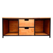 Rack Modelo Industrial com Duas Gavetas e Dois Nichos - Metalon em Preto e Madeira Pinus Tonalidade Castanheira