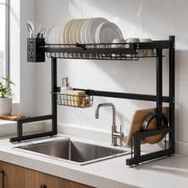 Rack Organizador Pia Cozinha Vertical Ferro Resistente 2 Andares Cesta Limpeza E Porta Tigelas Luxo