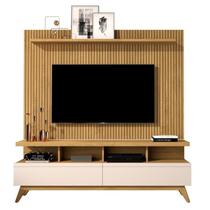 Rack + Painel CLAS Frisado 1,60m Acabamento em Alto Relevo Laqueado Off White Modelo Retrô com Pés em Madeira 2 Gavetas com Corrediças Telescópicas Co